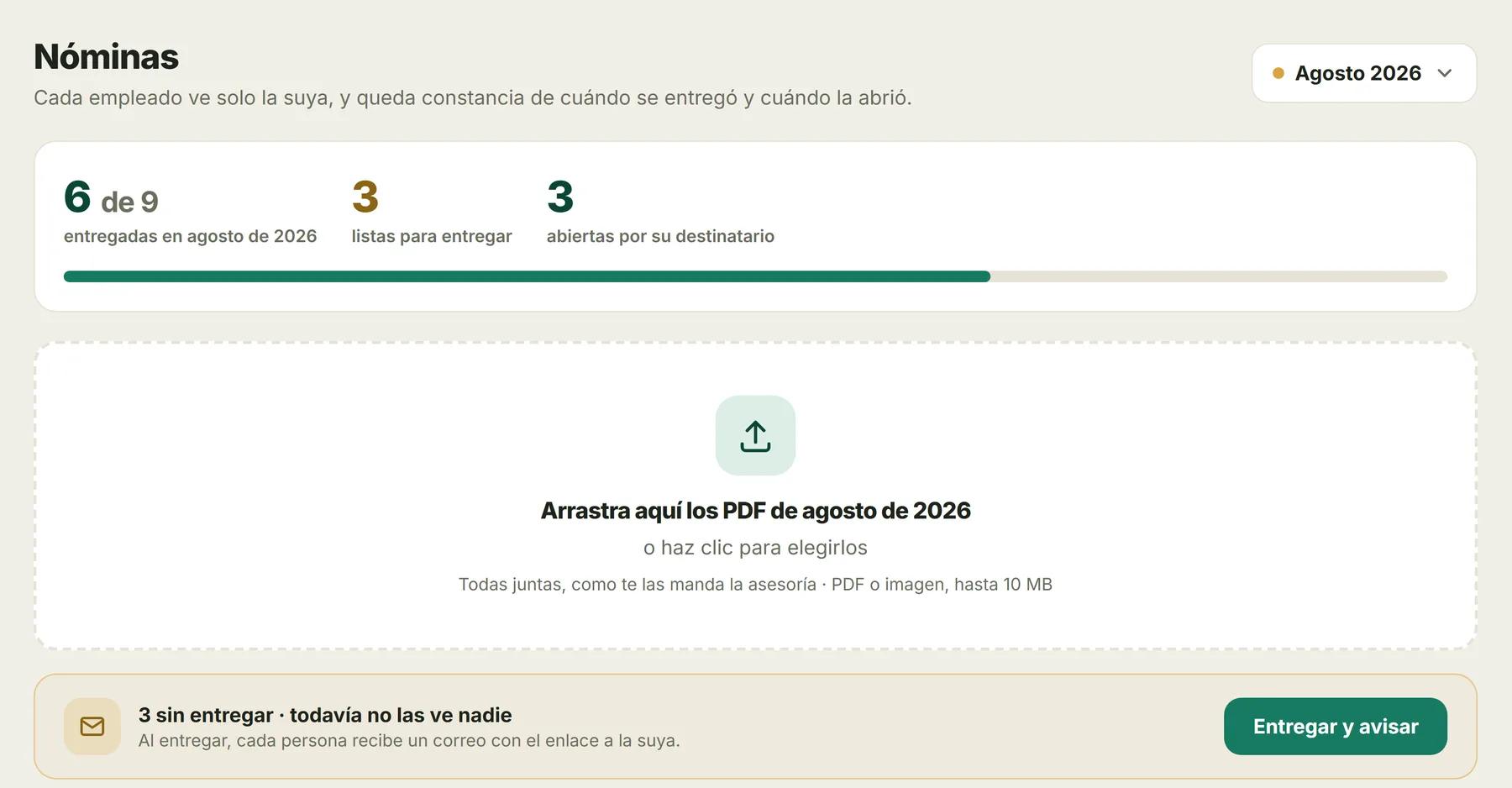 Nóminas en el panel: seis de nueve entregadas este mes, el recuadro para arrastrar los PDF del mes y el aviso de tres sin entregar con el botón de entregar y avisar a cada persona.